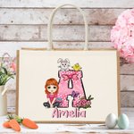 Personalisierte Cartoon-Charakter Initiale Jute Tragetasche mit Namen Kaninchen Küken Schleife Ostereiersuche Party Geschenk für Jungen Mädchen