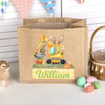 Personalized Cute Easter Bunny Excavator Jute Tote Bag with Name Easter Egg Hunts Party Favor Gift for Boys Girls