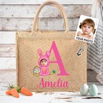 Personalisierte Gesicht Foto Cartoon Bunny Kostüm Jute Tragetasche mit Initialen und Namen Ostereierjagd Zubehör Geburtstag Party Geschenke für Kinder