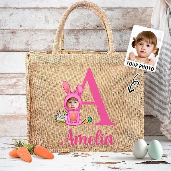 Sac en toile de jute avec initiales et nom Fournitures pour la chasse aux oeufs de Pâques Faveurs pour la fête d'anniversaire Cadeau pour les enfants