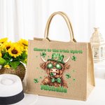 Personalised Lucky Shamrock St. Patrick's Day Highland Cow Large Jute Tote Bag with Name and Text Irish Festival Religious Gift for Family Friends