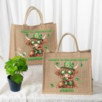 Personalised Lucky Shamrock St. Patrick's Day Highland Cow Large Jute Tote Bag with Name and Text Irish Festival Religious Gift for Family Friends