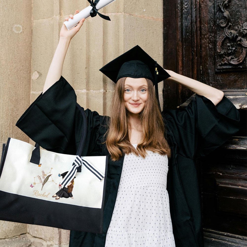 Personlig tegneserie Graduate Horoskop Birth Flower Canvas Large Tote Bag med navn Bursdag Graduation Gave til kvinner 4