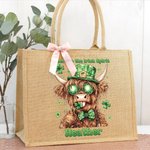 Personalised Lucky Shamrock St. Patrick's Day Highland Cow Large Jute Tote Bag with Name and Text Irish Festival Religious Gift for Family Friends