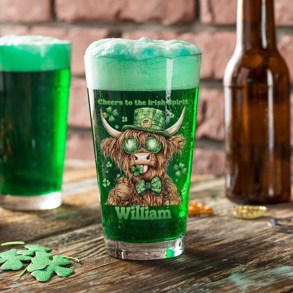 Personalised Lucky Shamrock Highland Cow 16oz Beer Glass with Name and Text Happy St. Patrick's Day Home Kitchen Accessories Gift for Family