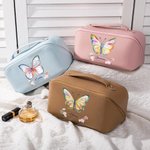 Watercolor Butterfly Floral Leather Wide Opening Makeup Bag with Name Portable Travel Accessories Birthday Bridesmaid Gift for Women