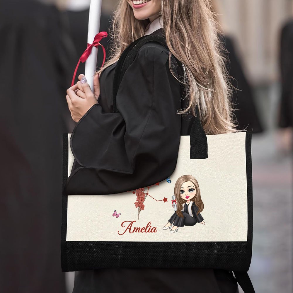 Personlig tegneserie Graduate Horoskop Birth Flower Canvas Large Tote Bag med navn Bursdag Graduation Gave til kvinner 2