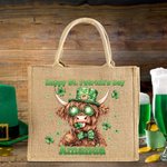 Personalised Lucky Shamrock St. Patrick's Day Highland Cow Large Jute Tote Bag with Name and Text Irish Festival Religious Gift for Family Friends