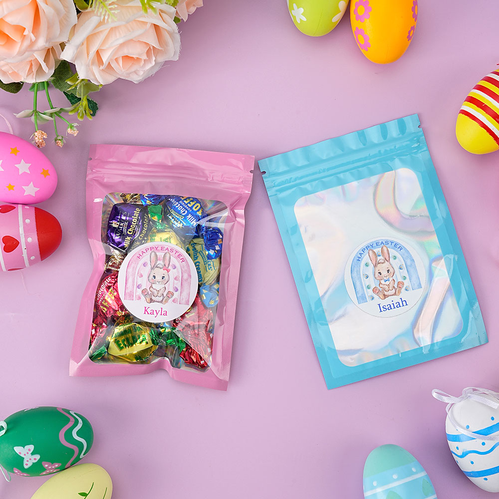 Personalisierte Frohe Ostern Schokolade Snack Bag und Bunny Aufkleber Set Party Supplies Geschenk für Kind