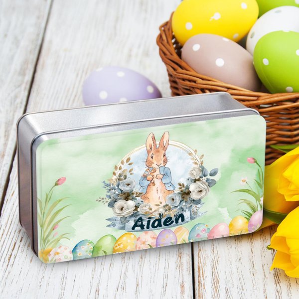 Personnalisé Œufs de Pâques Fleuris Peter Rabbit Boîte à biscuits alimentaire avec nom Accessoires de rangement pour fêtes de Pâques Cadeau pour Garçons Filles