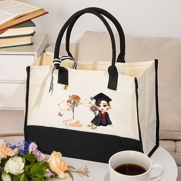 Personlig tegneserie Graduate Horoskop Birth Flower Canvas Large Tote Bag med navn Bursdag Graduation Gave til kvinner