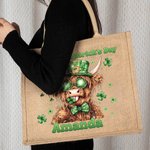 Personalised Lucky Shamrock St. Patrick's Day Highland Cow Large Jute Tote Bag with Name and Text Irish Festival Religious Gift for Family Friends