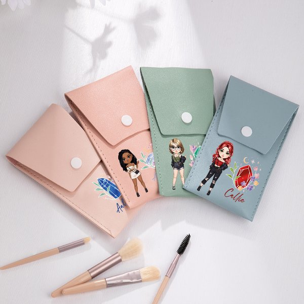Personalised Fashion Cartoon Girl Floral Birthstone Name Makeup Brush Bag Set with 8 Pcs Makeup Brushes Travel Essentials Birthday Gift for Women