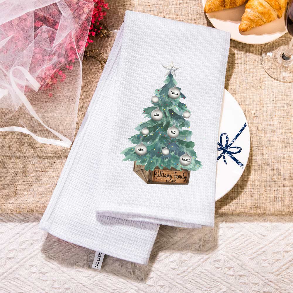 Personalized Christmas Tree 100% Cotton Absorbent Kitchen Waffle Towel with 2-8 Family Names Holiday Gift for Family 7