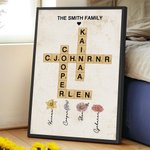Mots croisés personnalisés Scrabble Puzzle Art Poster encadré Peinture sans cadre avec 2-8 Fleurs de naissance Anniversaire Cadeau de pendaison de crémaillère pour membre de la famille