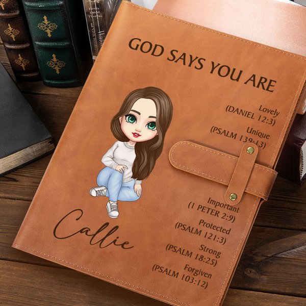 Personalized God Says You Are Cartoon Character A5 Leather Notebook Cover with 50 Pages Paper and Name Birthday Baptism Gift for Christian