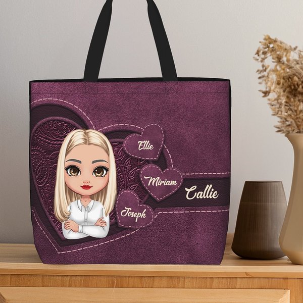 Gardez vos petits cœurs toujours près de vous - Sac fourre-tout personnalisé avec 1 à 8 noms et personnage de dessin animé pour les femmes