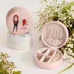 Personalized Fashion Cartoon Girl Portable Leather Jewelry Box with Floral Birthstone and Name Travel Essentials Birthday Gift for Women Girls