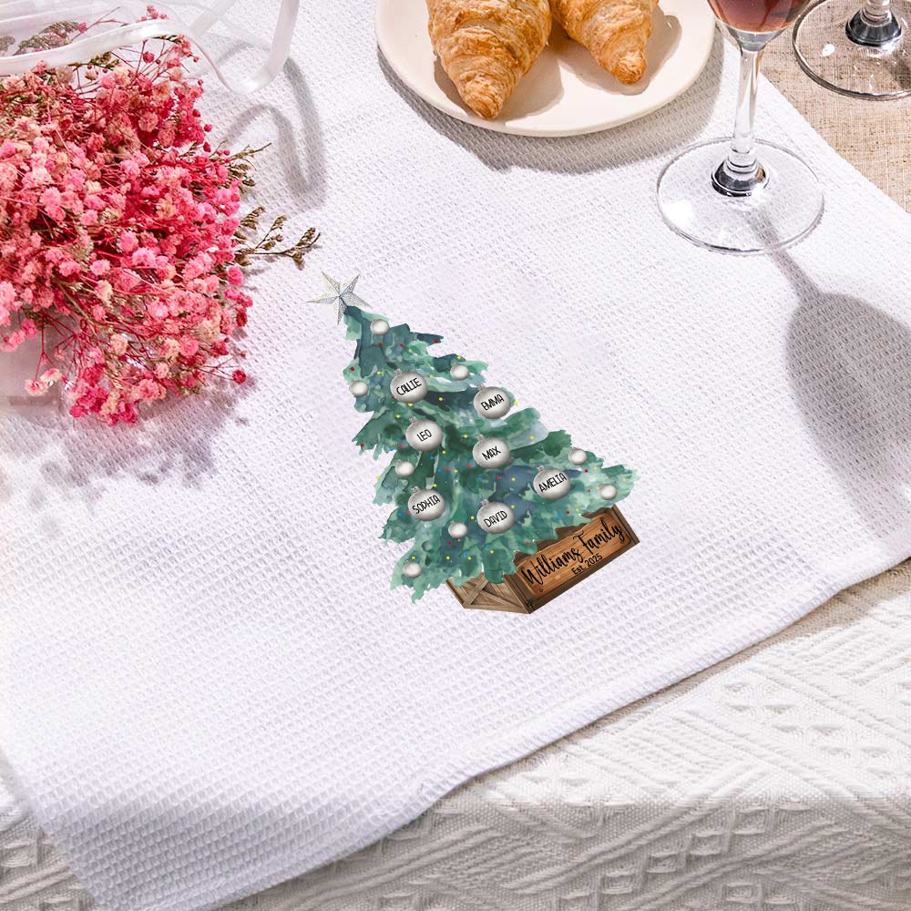 Personalized Christmas Tree 100% Cotton Absorbent Kitchen Waffle Towel with 2-8 Family Names Holiday Gift for Family 8