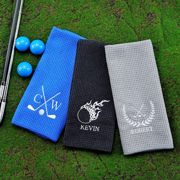 Personlig broderad snabbtorkande mikrofiber våfflad golfhandduk med monogram och karbinhake golftillbehör födelsedagspresent för golfälskare