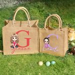 Personalisierte Cartoon-Charakter große Jutetasche mit Namen und Initiale Tote Bag Geburtstag Ostern Party Geschenk für Kinder Familie Freunde