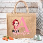 Personalisierte Cartoon-Charakter große Jutetasche mit Namen und Initiale Tote Bag Geburtstag Ostern Party Geschenk für Kinder Familie Freunde