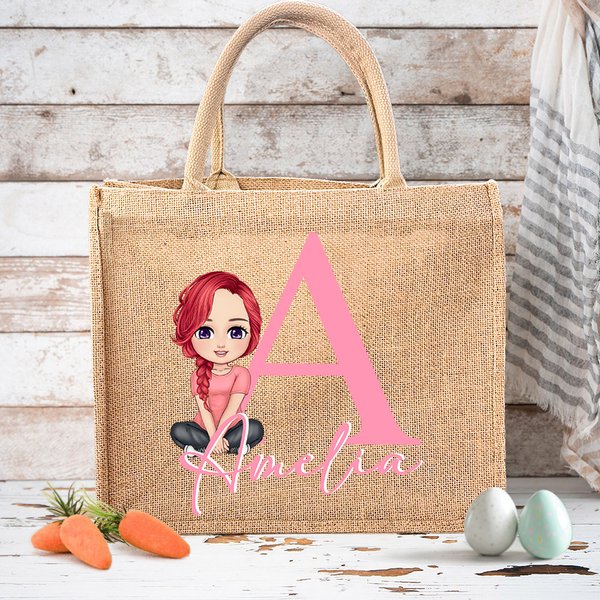 Personalisierte Cartoon-Charakter große Jutetasche mit Namen und Initiale Tote Bag Geburtstag Ostern Party Geschenk für Kinder Familie Freunde