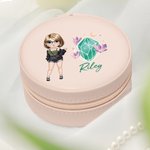 Personalized Fashion Cartoon Girl Portable Leather Jewelry Box with Floral Birthstone and Name Travel Essentials Birthday Gift for Women Girls