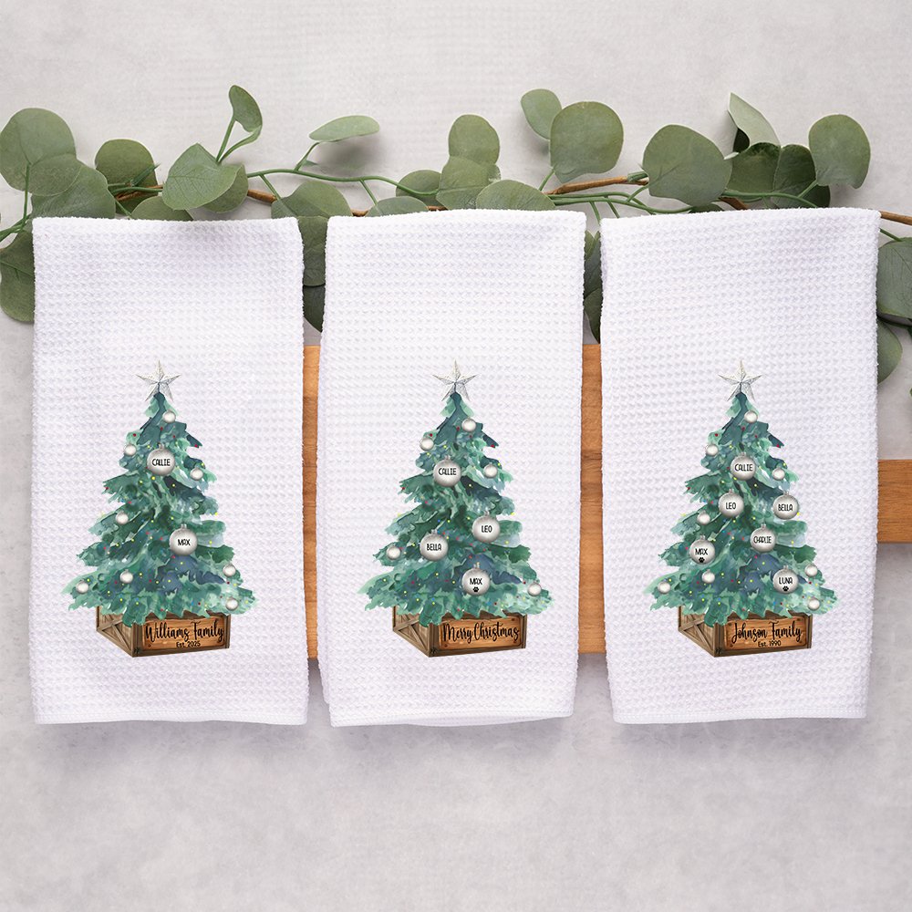 Personalized Christmas Tree 100% Cotton Absorbent Kitchen Waffle Towel with 2-8 Family Names Holiday Gift for Family 6