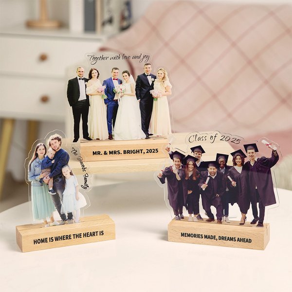 Personalisierte Foto Form Transparent Acryl Plaque mit Text und hölzernen Sockel Desk Decor Hochzeit Graduierung Geburtstag Geschenk für Freunde Familie