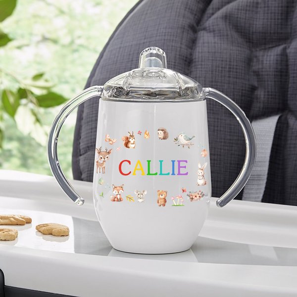 Personalised Cute Animal Friends 10oz Insulated Sippy Cup with Colourful Name and Handle  Baby Shower Birthday Gift for Toddler Kid