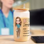 Taza de vidrio esmerilado con tapa y pajita personalizada de 20 oz con el personaje de dibujos animados de una enfermera o un médico como regalo de cumpleaños diario para el personal médico