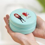 Personalized Fashion Cartoon Girl Portable Leather Jewelry Box with Floral Birthstone and Name Travel Essentials Birthday Gift for Women Girls