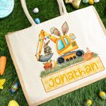 Sac en toile de jute personnalisé avec le nom du lapin de Pâques Excavatrice Cadeau de fête pour les garçons filles