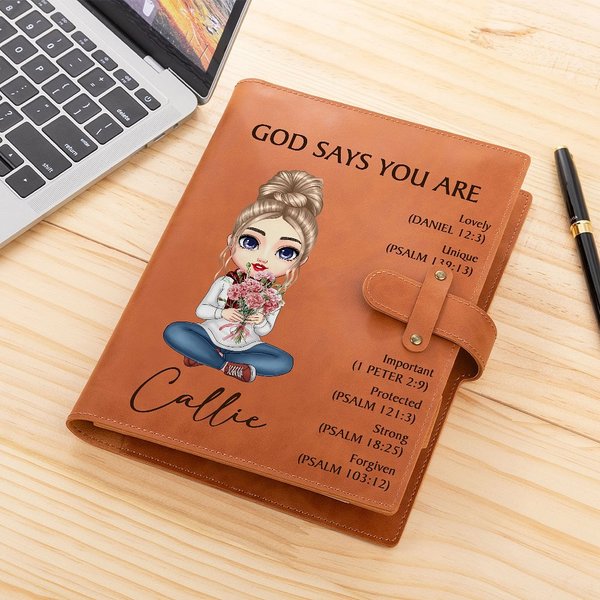 Personifierad God Says You Are Tecknad karaktär Födelseblomma A5 Läder Anteckningsbokomslag med ficka Födelsedag Inspirerande present för kvinnor Christian