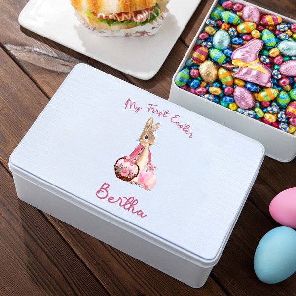 Boîte à biscuits en métal de qualité alimentaire avec nom et texte Cadeau d'anniversaire de Pâques pour la famille et les enfants