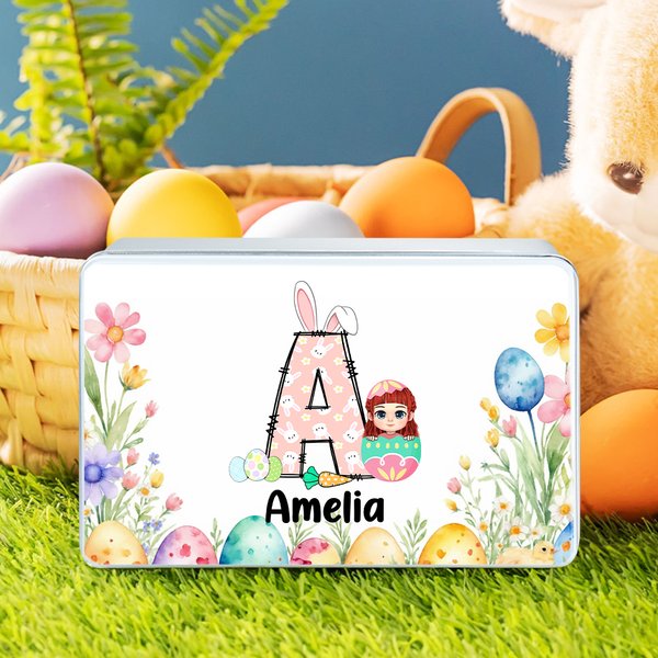 Personalizzato floreale coniglietto iniziale uovo di Pasqua personaggio biscotto scatola di latta con nome Pasqua festa di stoccaggio accessori regalo per ragazzi ragazze