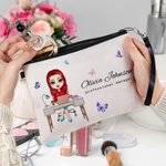 Personalised Butterfly Cartoon Business Woman Linen Wristlet Makeup Bag with Name Birthday Appreciation Office Gift for Colleagues Leaders