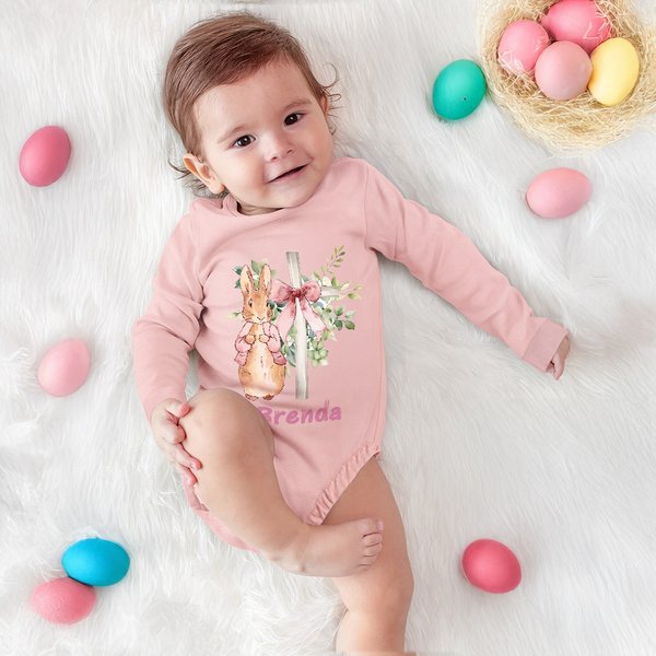 Personalizzato multicolore fiocco floreale croce Peter Rabbit 100% cotone body bambino con nome Baby Shower Pasqua regalo di compleanno per i bambini neonati