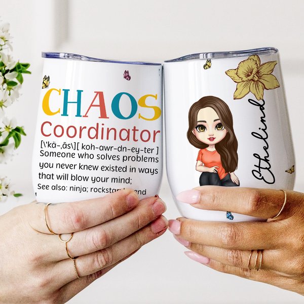 Personalized Chaos Coordinator Cartoon Character 12oz Wine Tumbler with Birth Flower and Name Travel Accessory Birthday Gift for Women Men