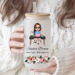 Personalised Floral Cartoon Business Character 20oz Frosted Glass Cup with Name and Straw Daily Travel Essential Birthday Office Gift for Coworker