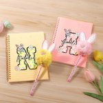 Personalized Cute Rabbit Floral Initial Name A5 Spiral Notebook and Pom Puff Bunny Pen Set with 156 Lined Pages Birthday Easter Gift for Kids