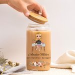 Personalised Floral Cartoon Business Character 20oz Frosted Glass Cup with Name and Straw Daily Travel Essential Birthday Office Gift for Coworker