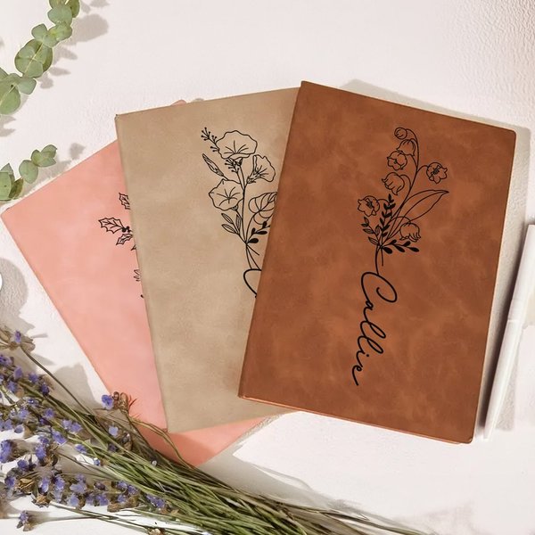Personalized  Leather Birth Flower Journal Notebook with 200 Line Pages Birthday Gift for Family Friend