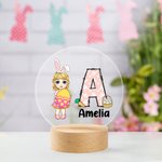 Personalized Cute Holding Easter Egg Cartoon Boy Girl Initial LED Night Light with Wooden Base and Name Easter Room Decor Birthday Gift for Kids