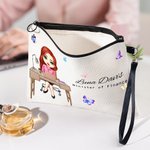 Personalised Butterfly Cartoon Business Woman Linen Wristlet Makeup Bag with Name Birthday Appreciation Office Gift for Colleagues Leaders