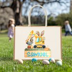 Sac en toile de jute personnalisé avec le nom du lapin de Pâques Excavatrice Cadeau de fête pour les garçons filles