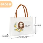 Personalisierte Geburtsblumen-Kranz Cartoon Charakter Name Canvas Tragetasche mit PU-Ledergriff Geburtstag Geschenk für Damen
