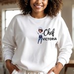Personalisierte Chef Cartoon Charakter Frauen Crewneck T-Shirt Sweatshirt mit Namen Geburtstag Wertschätzung Geschenk für das Kochen Liebhaber