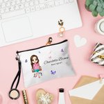 Personalised Butterfly Cartoon Business Woman Linen Wristlet Makeup Bag with Name Birthday Appreciation Office Gift for Colleagues Leaders